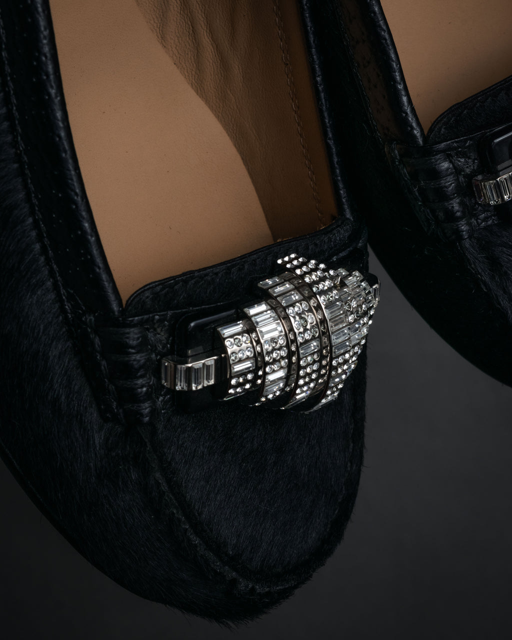 “SALVATORE FERRAGAMO” 00’s Haircalf crystal ornament shoes