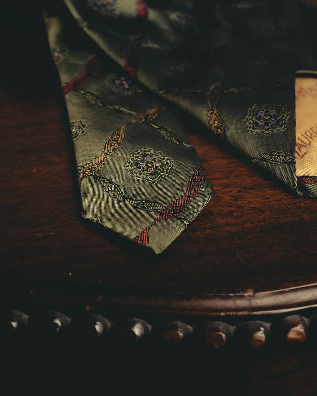 "Yves Saint Laurent" 80's-90's Olive silk jacquard necktie