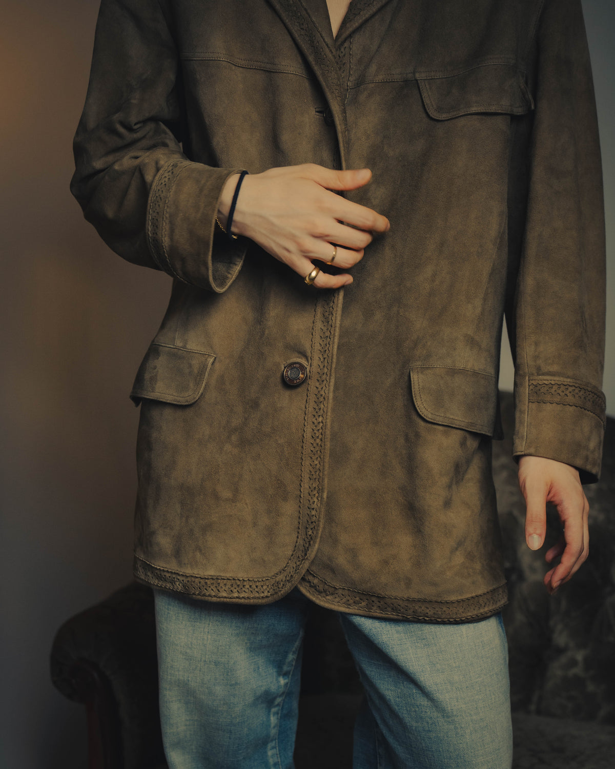 -SPECIAL- “LOEWE” 70’s-80’s Perforated trim suede long jacket