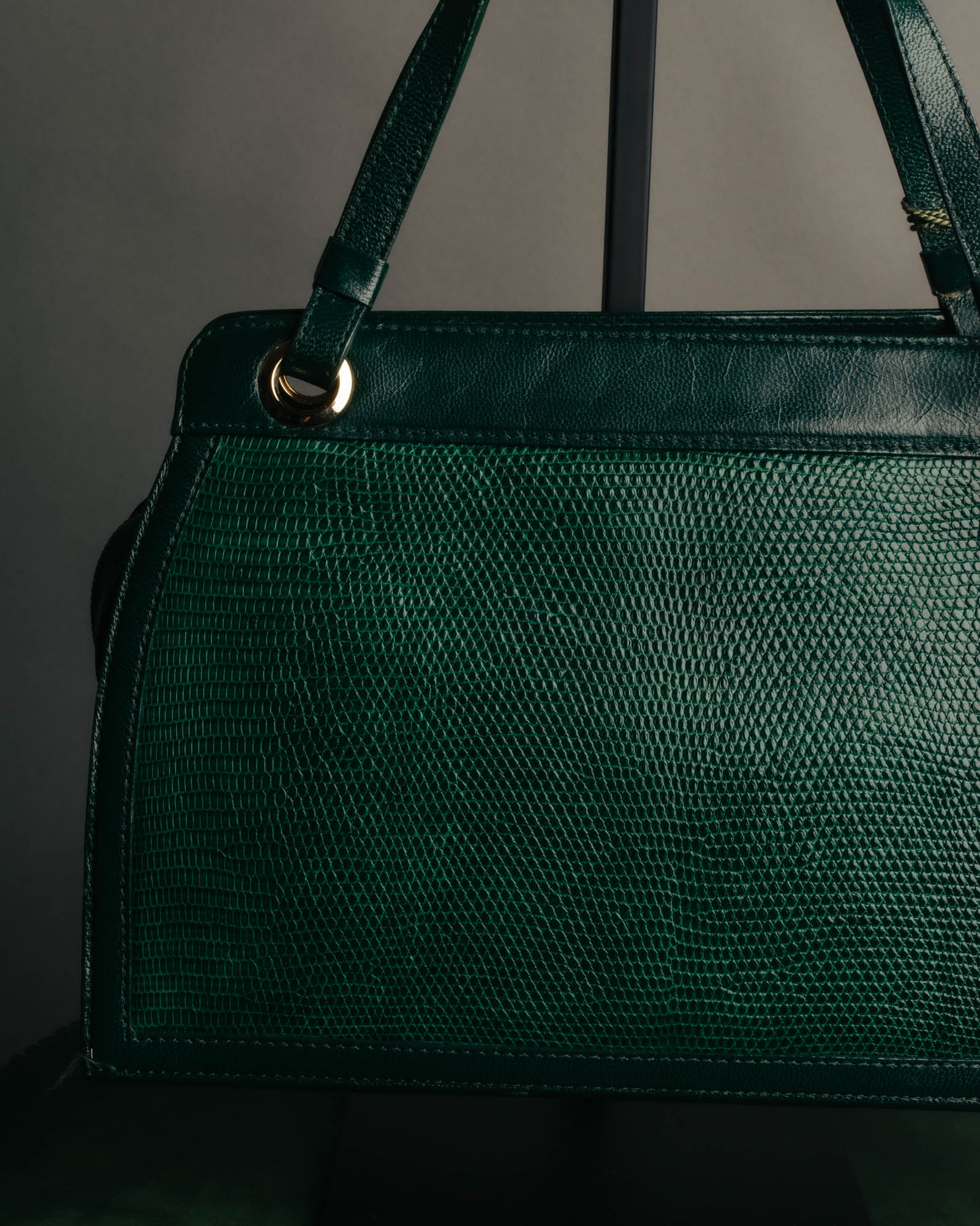 -SPECIAL- "Yves Saint Laurent" 80's-90's Glossy green exotic leather shoulder handbag