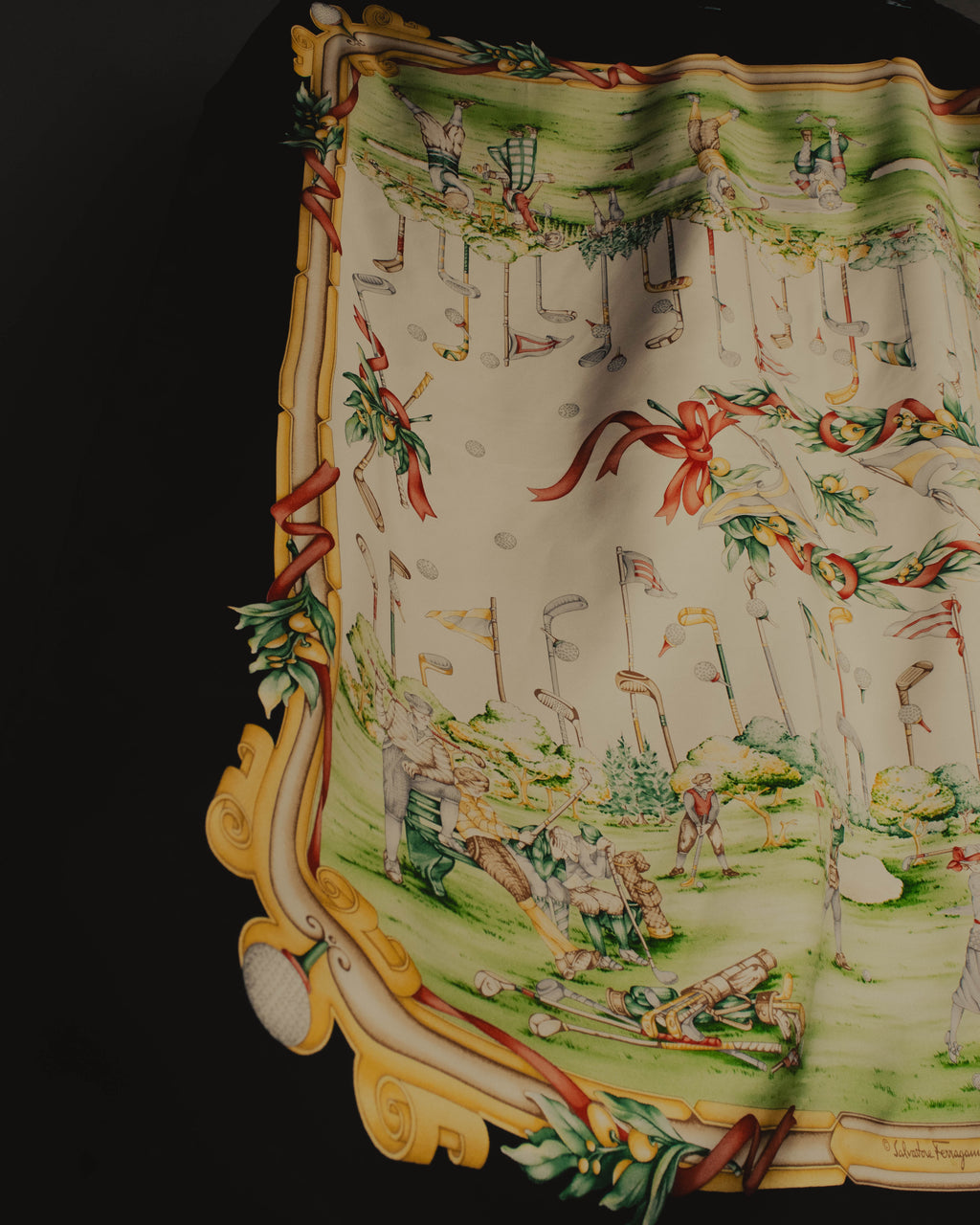 “Salvatore Ferragamo” 80’s-90’s Golf motif silk twill scarf