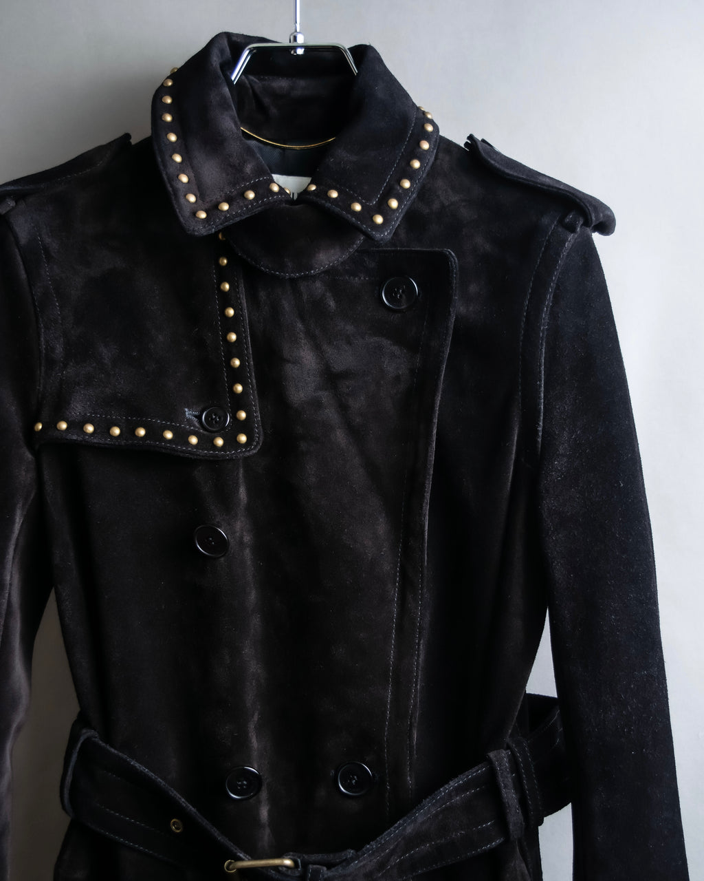 "Saint Laurent" 19AW gold studs design suede long coat