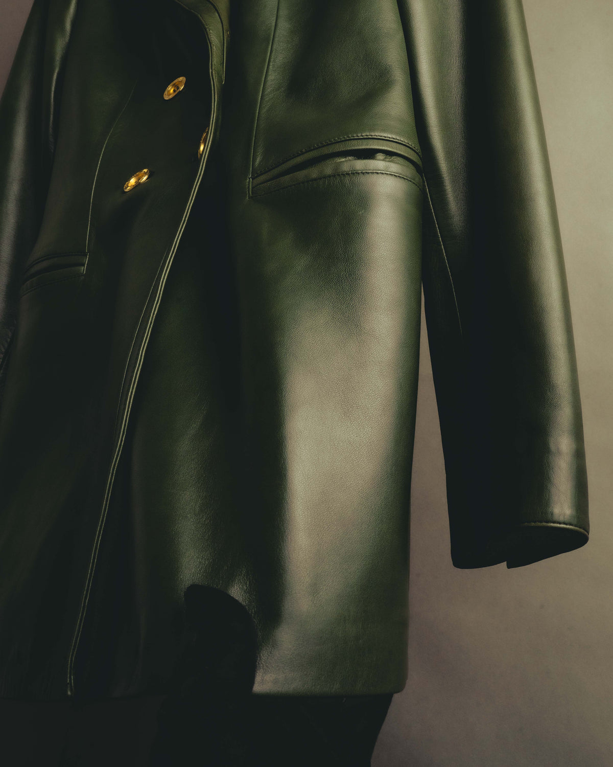 -SPECIAL- “LOEWE” 80’s-90’s Gold buttoned olive leather double-breasted tailored jacket