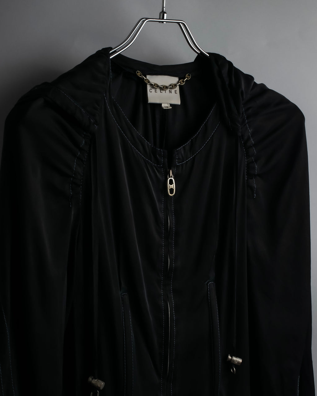 "CELINE" Gathered design hooded double zipper dress