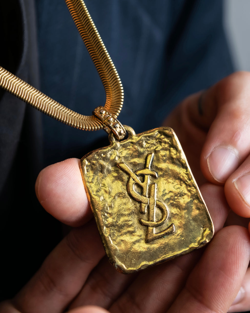 "Yves Saint Laurent" YSL logo plate gold necklace