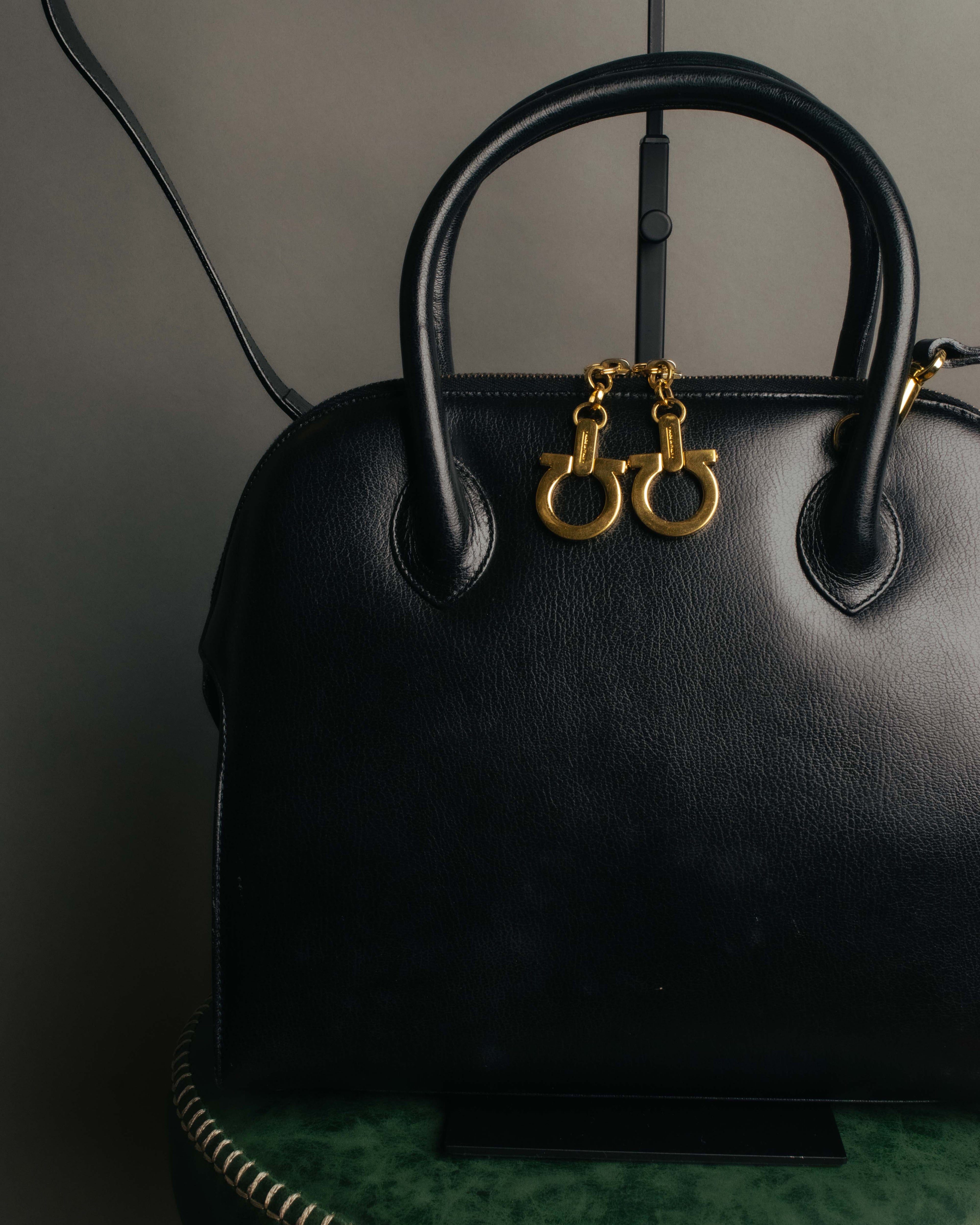 "Salvatore Ferragamo" 90's-00's Vintage iconic gancini pebbled leather dome top handle bag