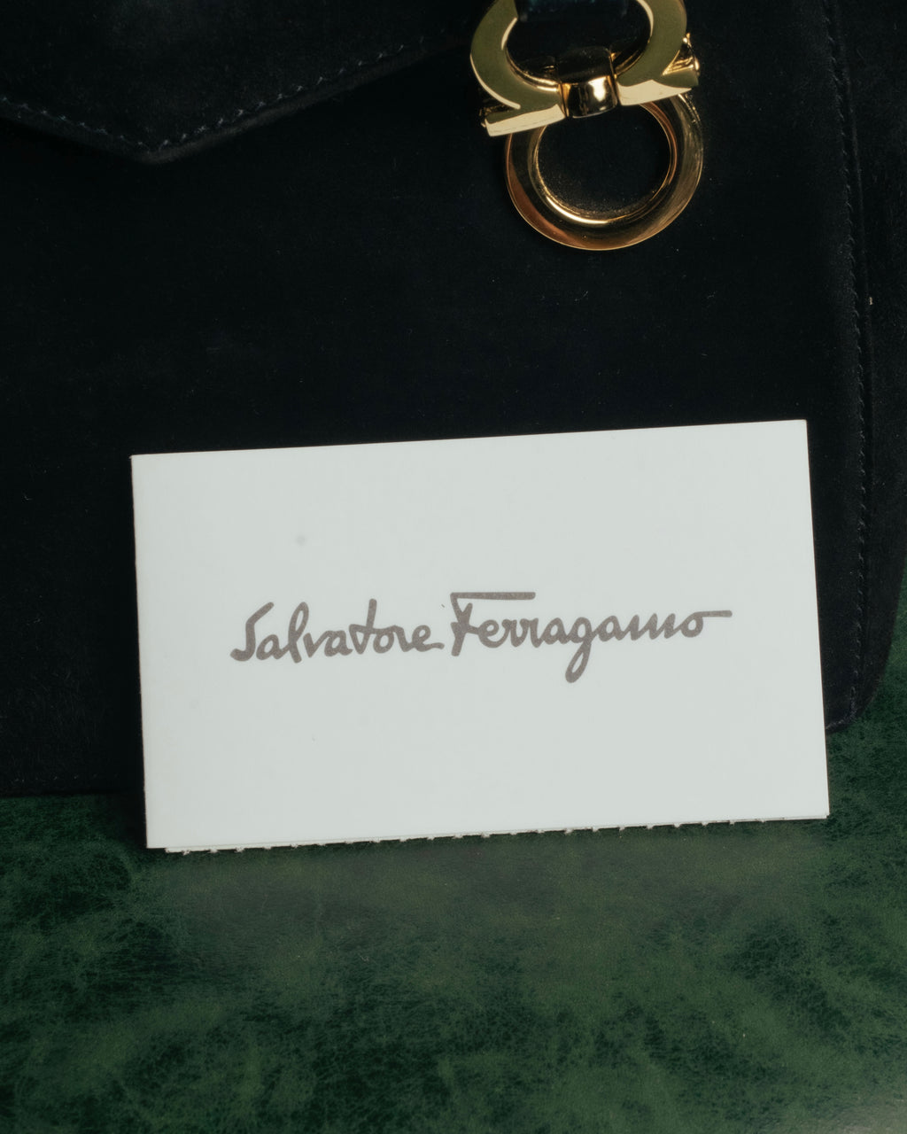 “Salvatore Ferragamo” 1995 Double gancini suede leather handbag