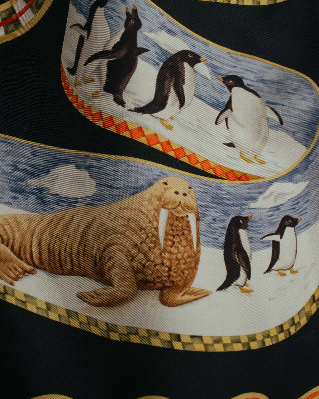 "Salvatore Ferragamo" 90's-00's Vintage arctic fauna and scrolling ribbon silk scarf