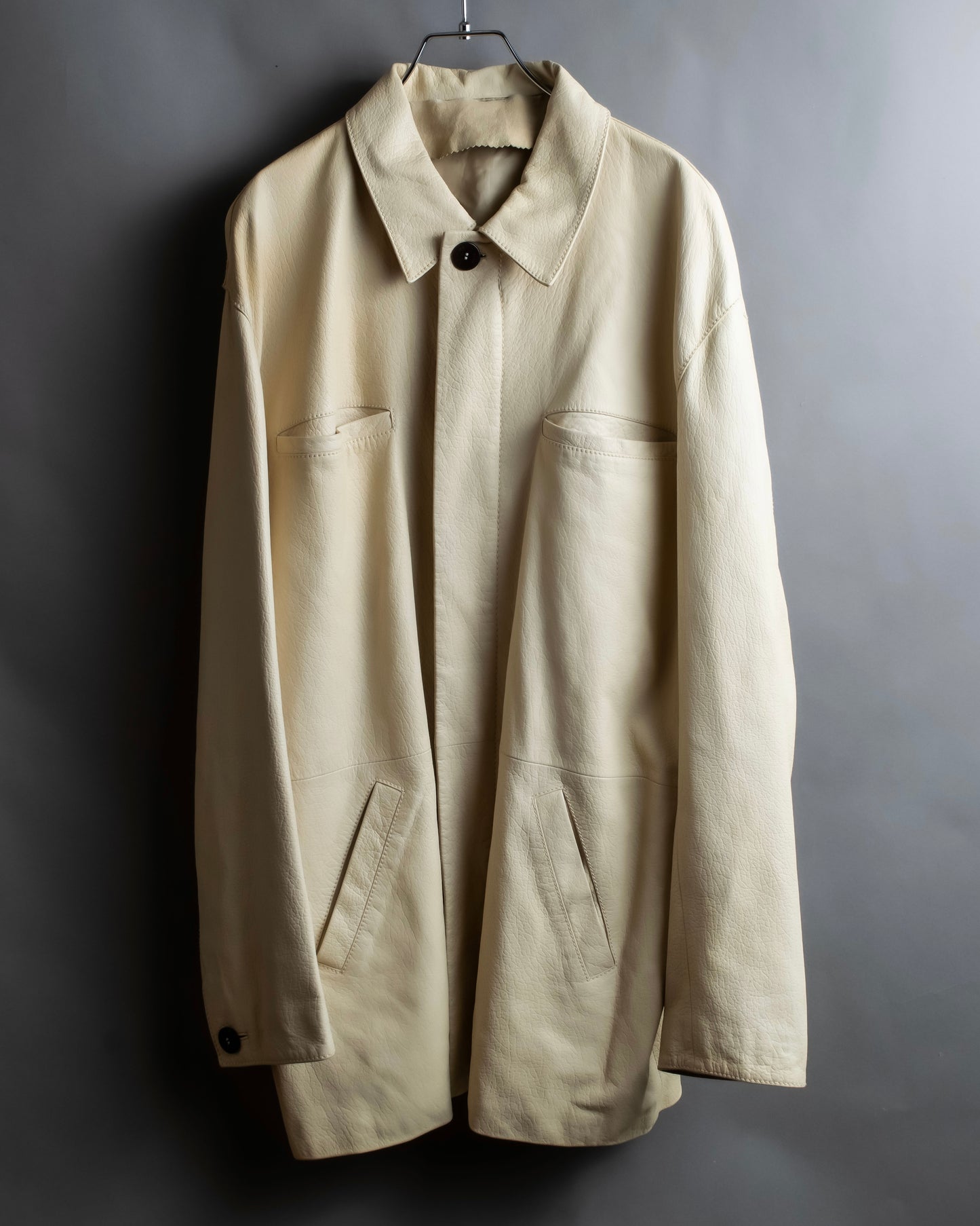 "LOEWE" 100% real leather off white color double zipper mid length coat