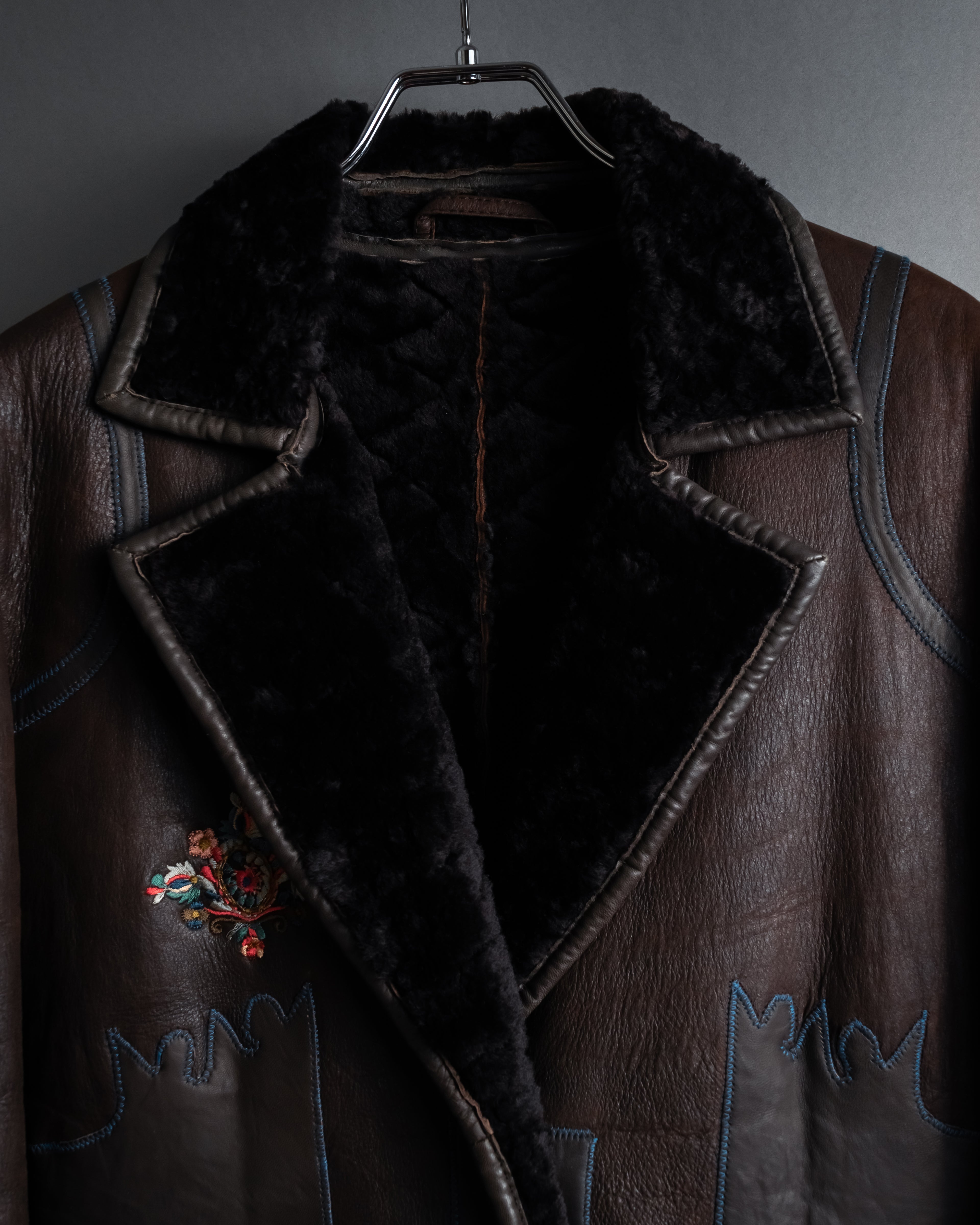 “KENZO” 80’s Folkloric shearling-lined leather long coat