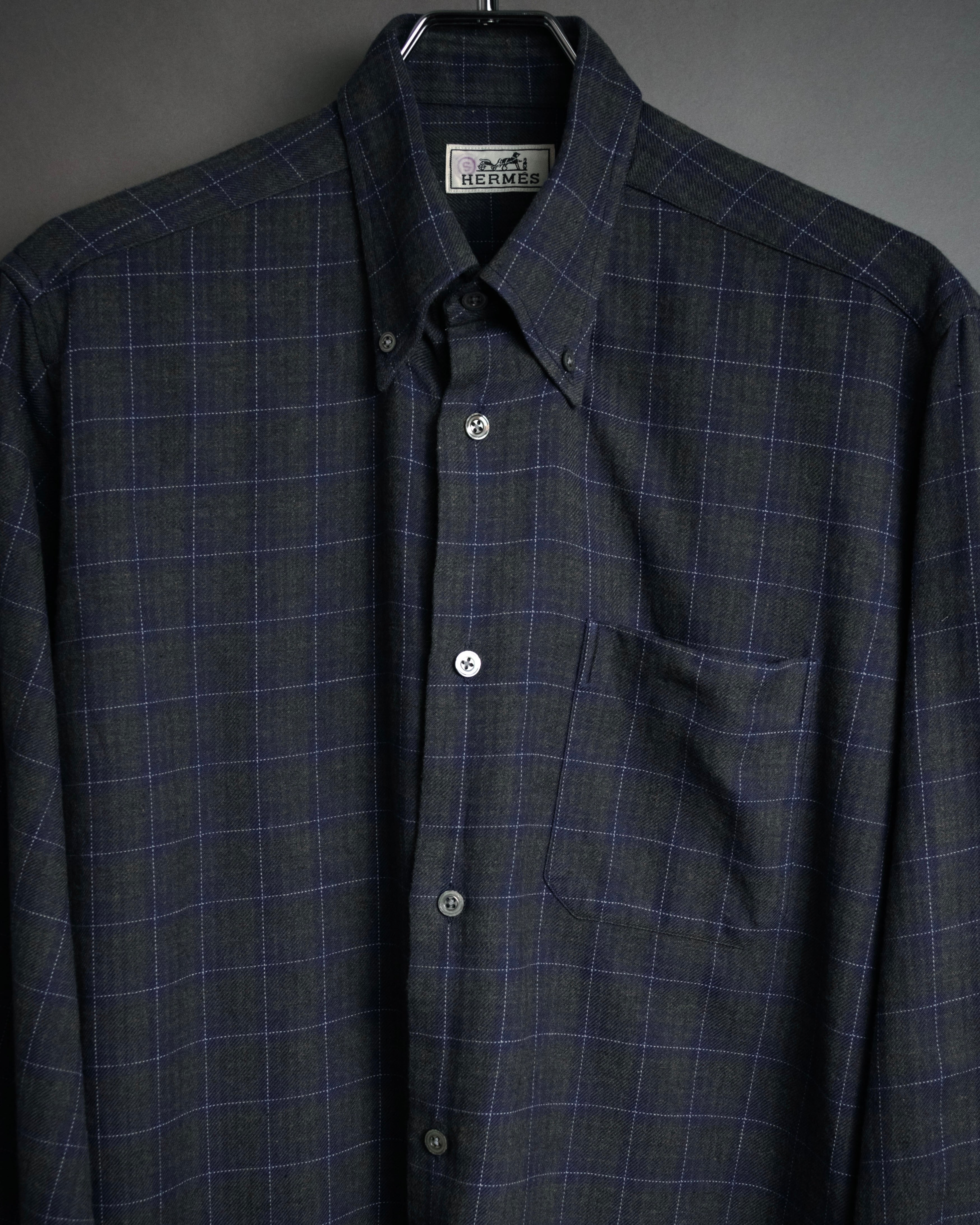 “HERMES” 90’s–00’s Windowpane cotton button down shirt