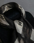 "CHANEL" Coco mark grid pattern silk scarf