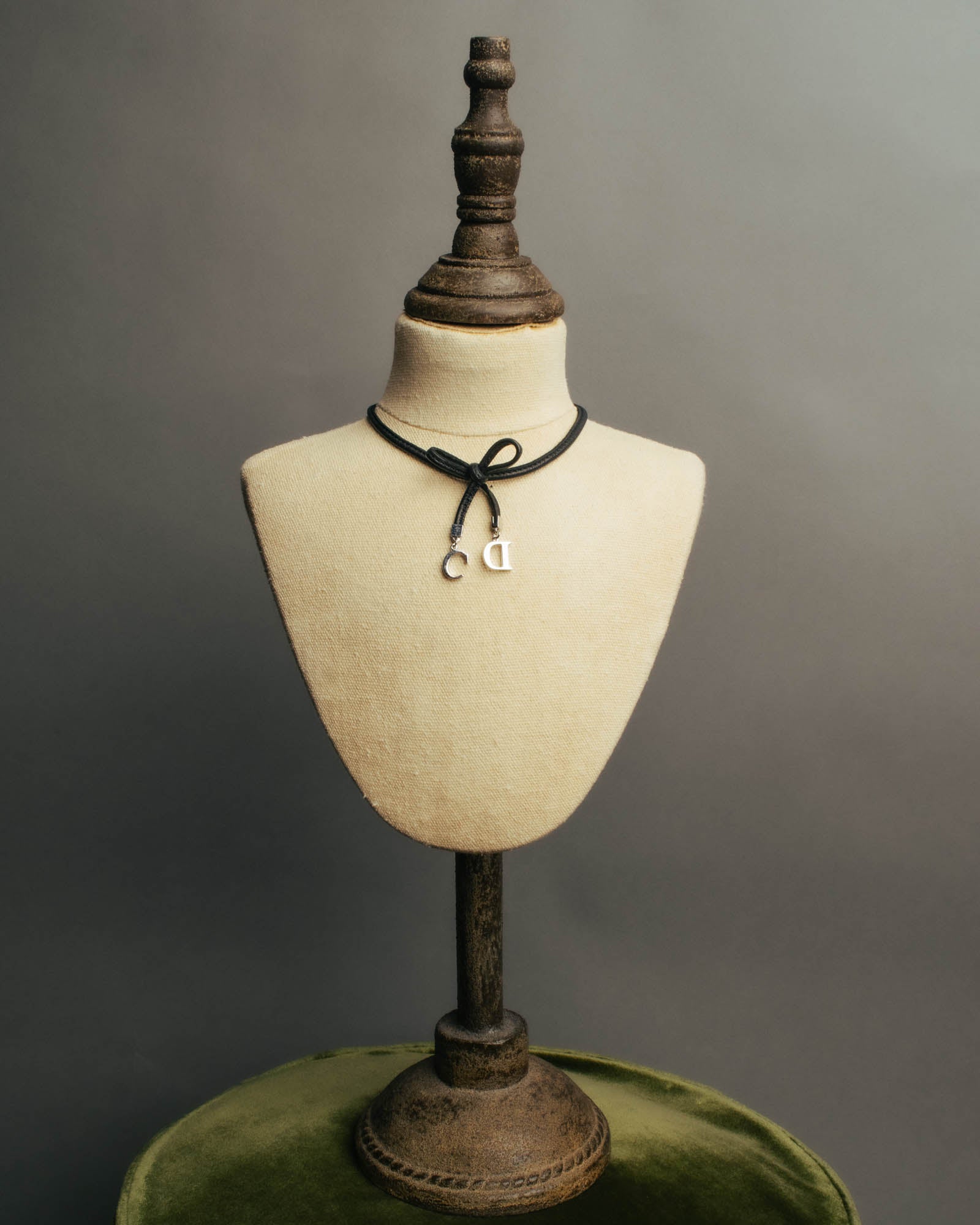 "Christian Dior" Ribbon charm leather cord choker necklace