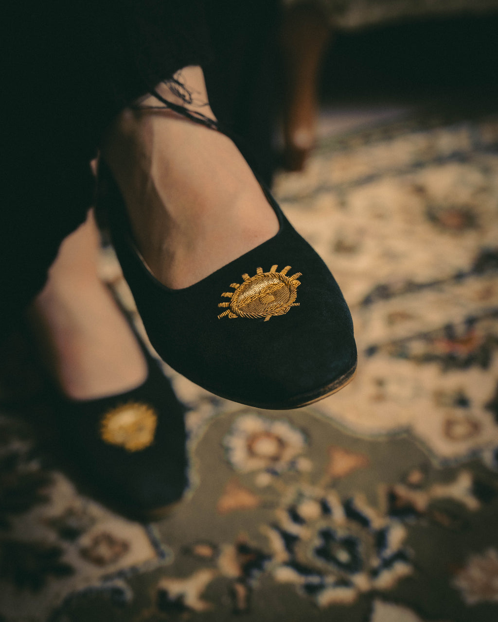 -SPECIAL- "Hermès" 80's-90's Gold embroidered suede loafers