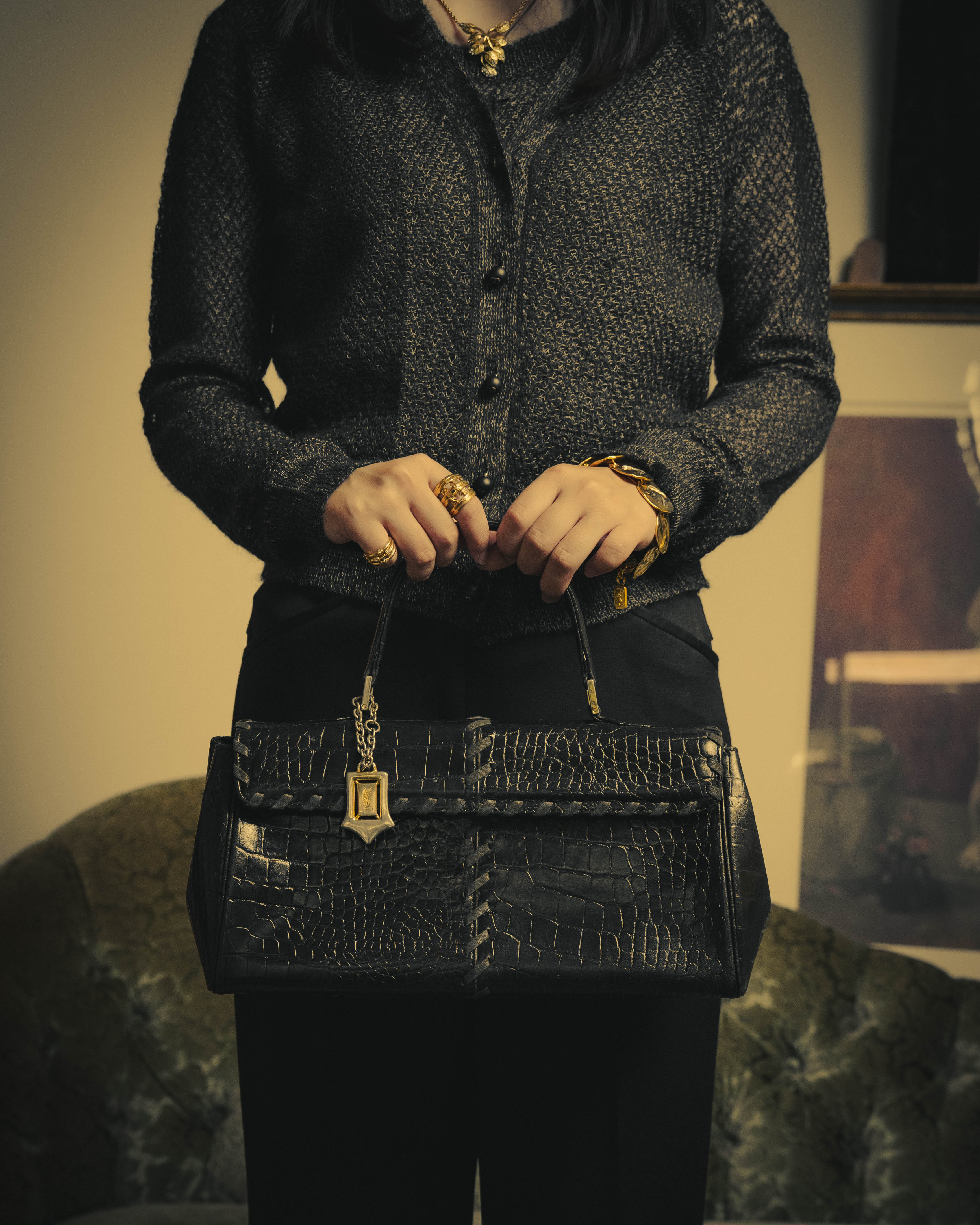 -SPECIAL- “Yves Saint Laurent” 80’s-90’s Crocodile embossed lace-up handbag