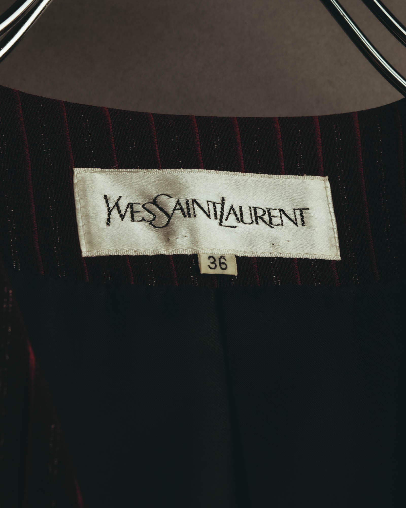 -SPECIAL- “Yves Saint Laurent“ 80's-90's Swiss fabric lurex stripe collarless long jacket
