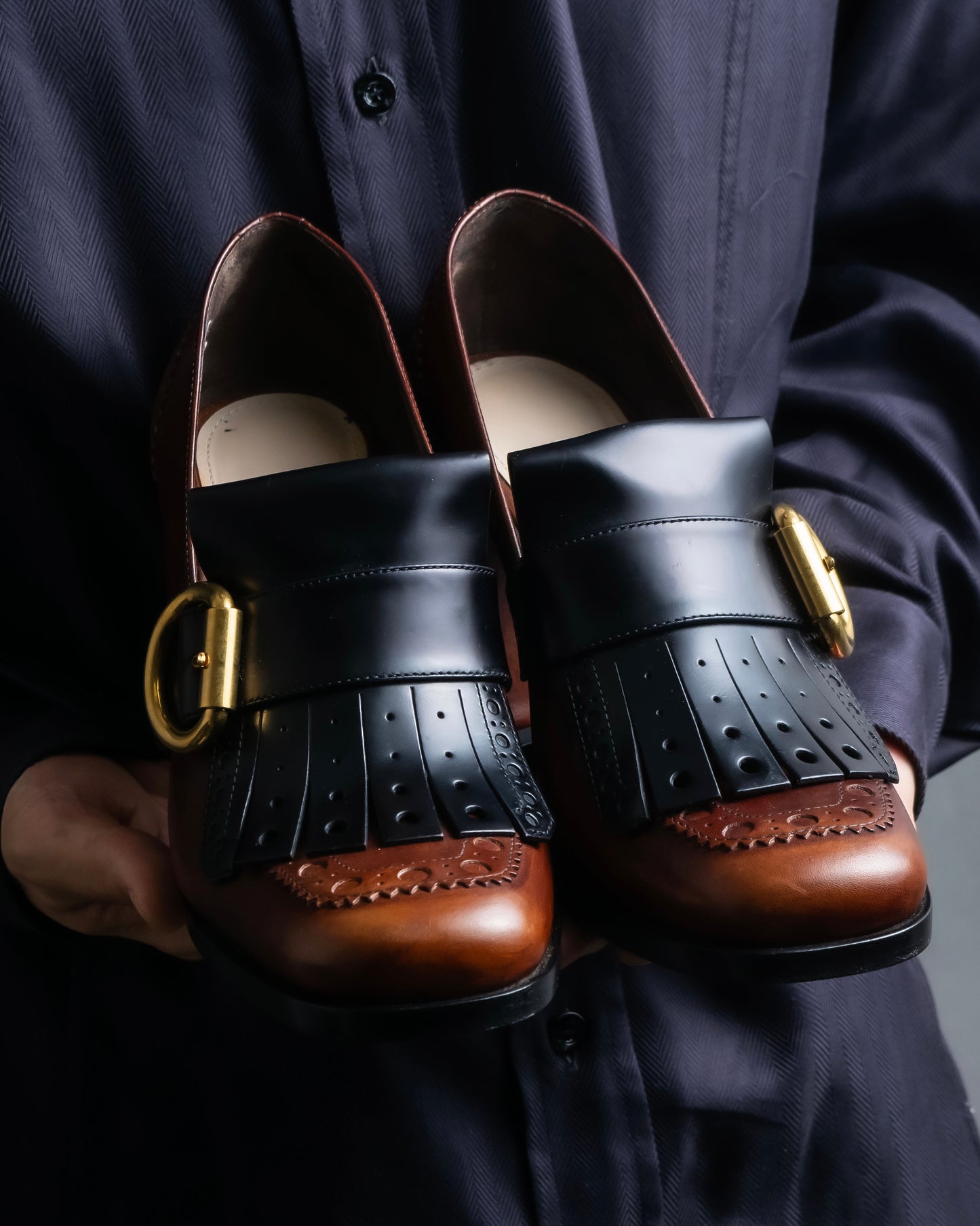 "PRADA" Fringe design square toe heel loafers