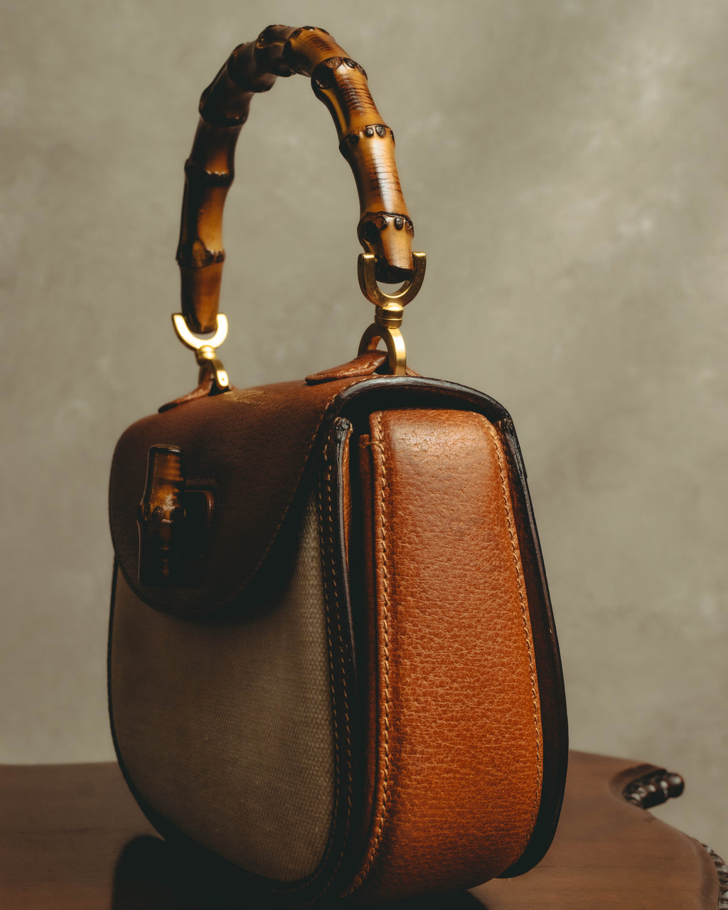 -SPECIAL- “GUCCI” 90’s-00’s Bamboo handle canvas panel top handle bag
