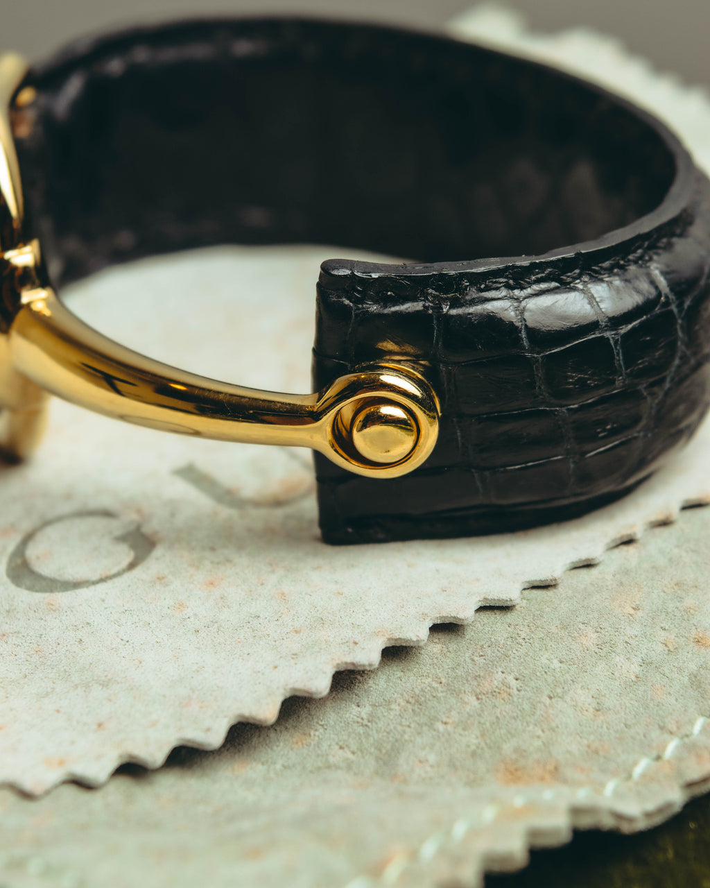 -SPECIAL- "GUCCI" 70's-80's Iconic horsebit crocodile leather cuff bangle
