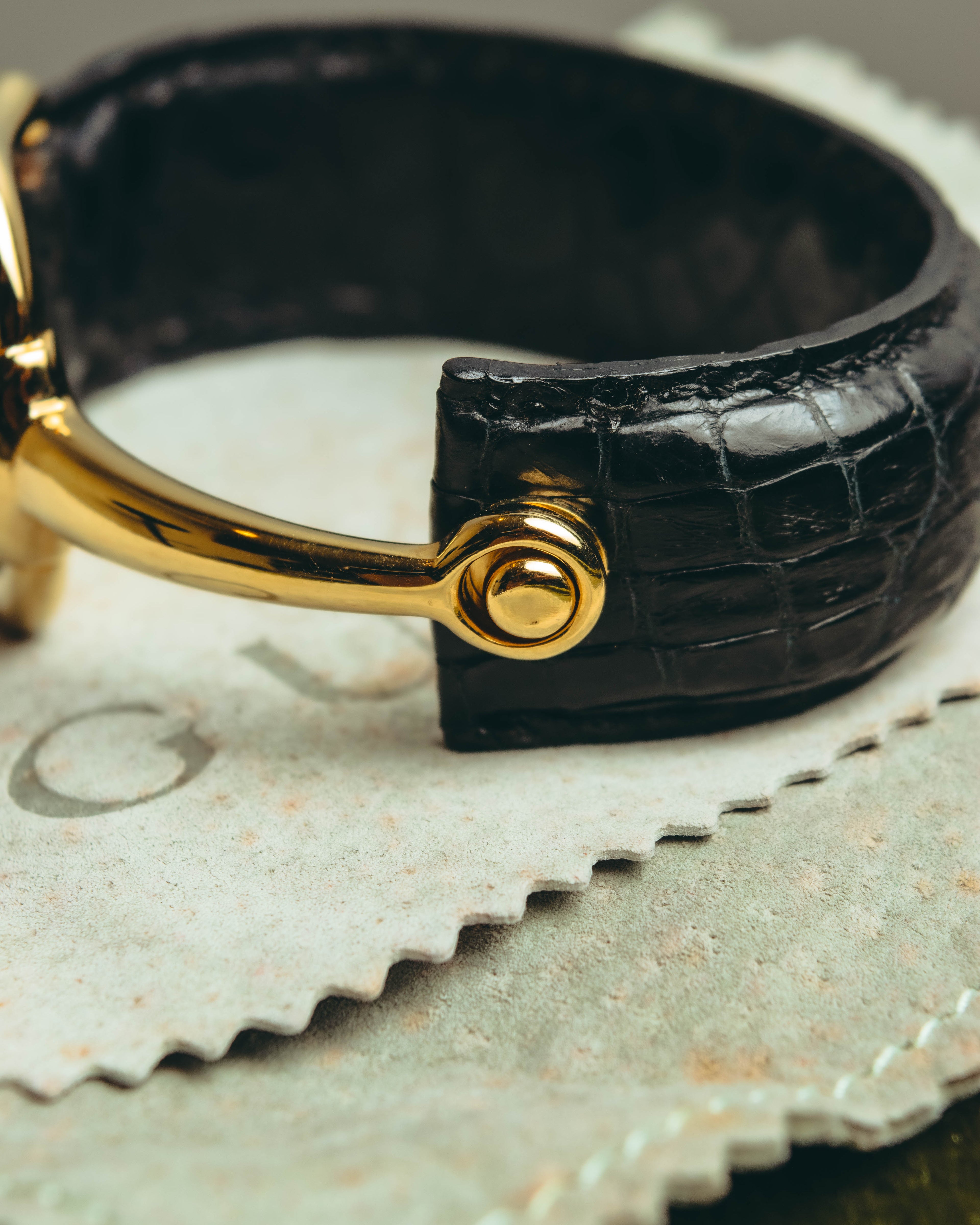 -SPECIAL- "GUCCI" 70's-80's Iconic horsebit crocodile leather cuff bangle