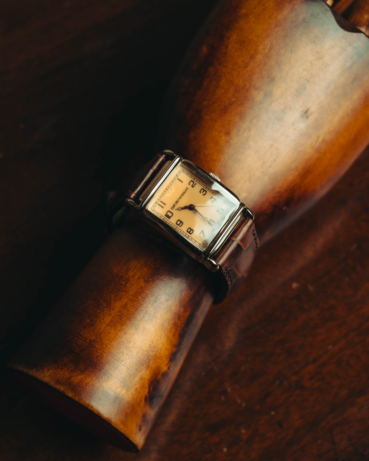 “EMPORIO ARMANI” Late 90’s-early 10’s Art deco rectangular leather strap watch