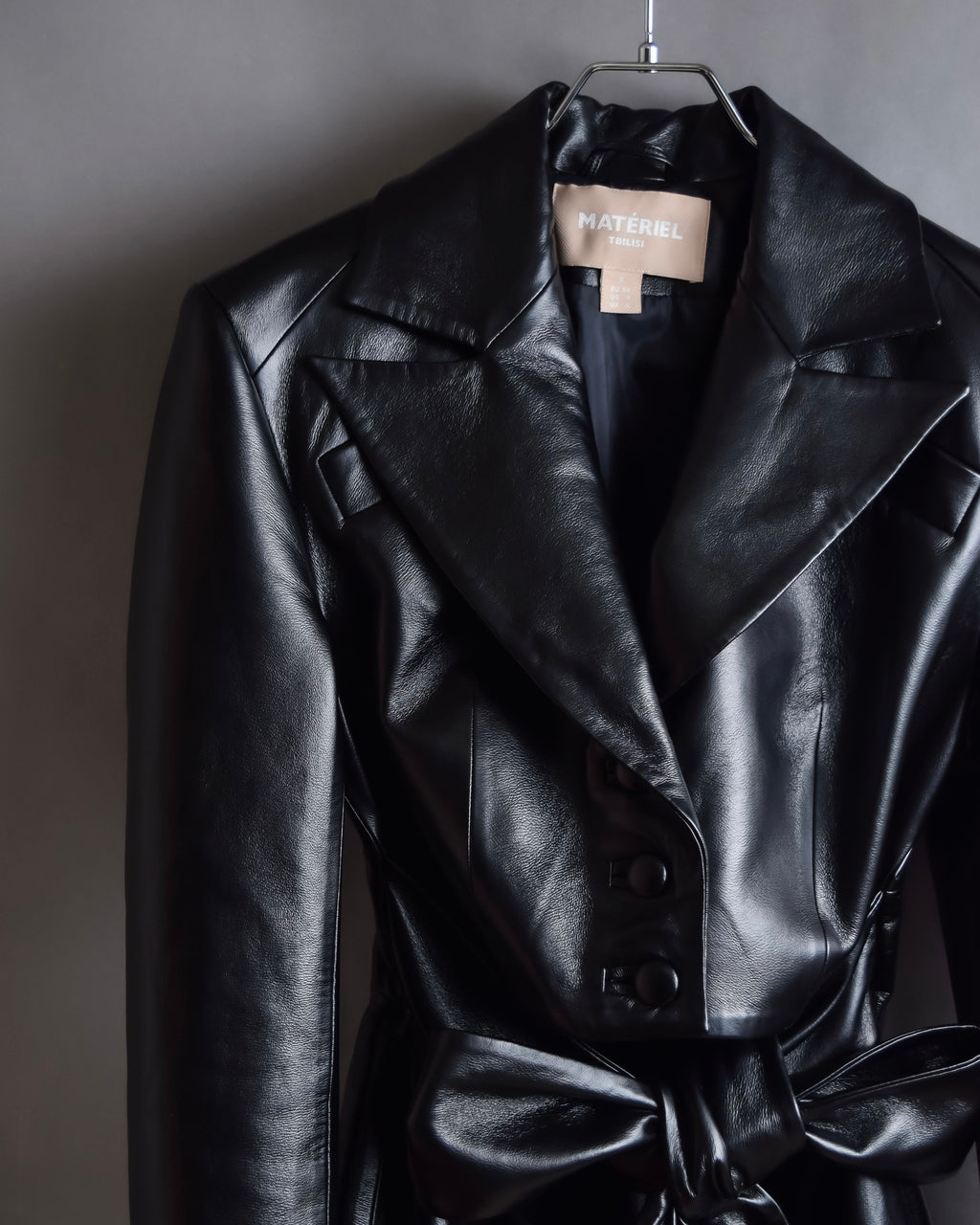 "MATÉRIEL TBILISI" Draped belted synthetic leather long jacket