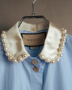 -SPECIAL- "GUCCI" 2010's-20's Pearl embellished detachable collar striped long shirt