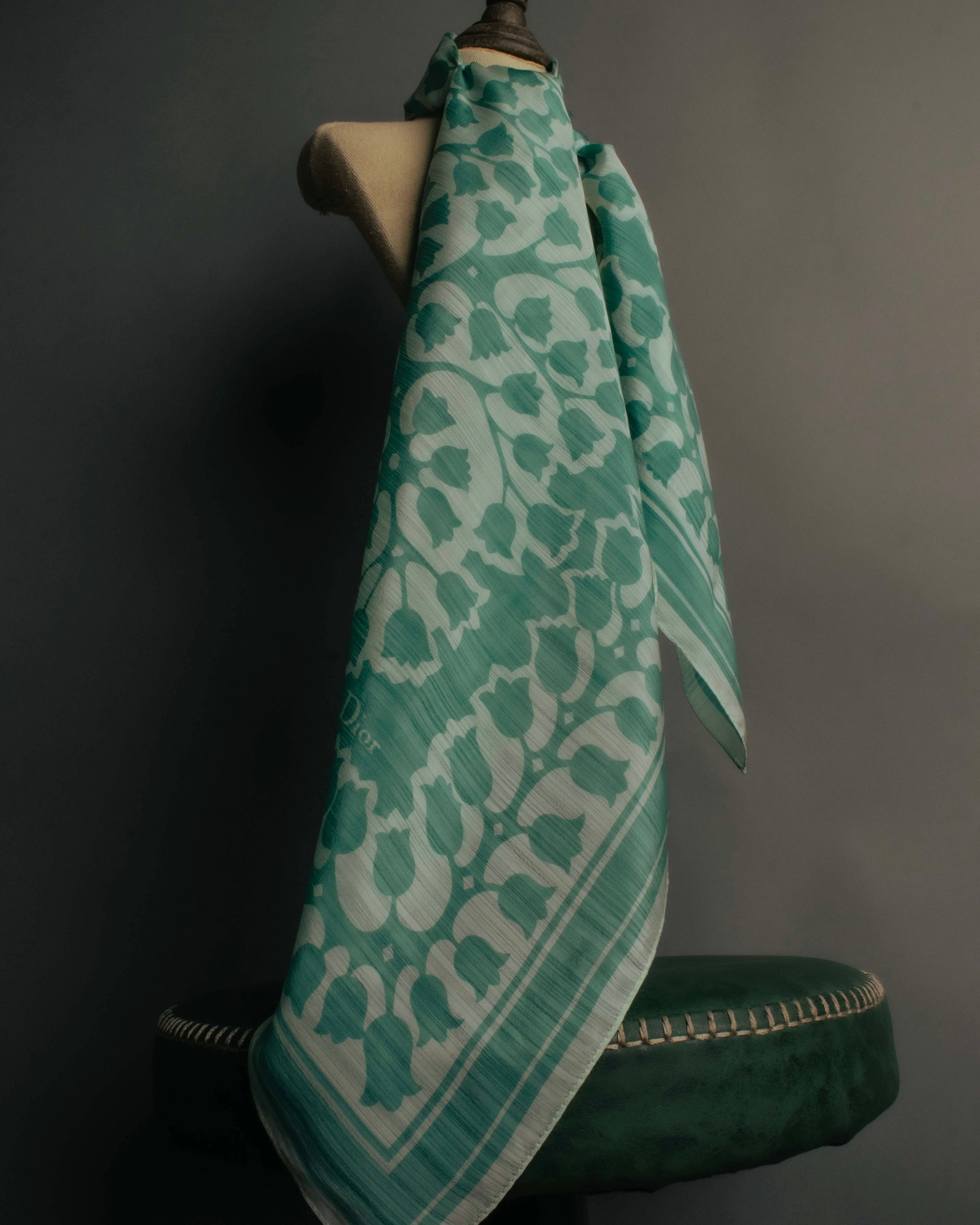 "Christian Dior" 85's-95's Vintage emerald tulip botanical silk shantung scarf