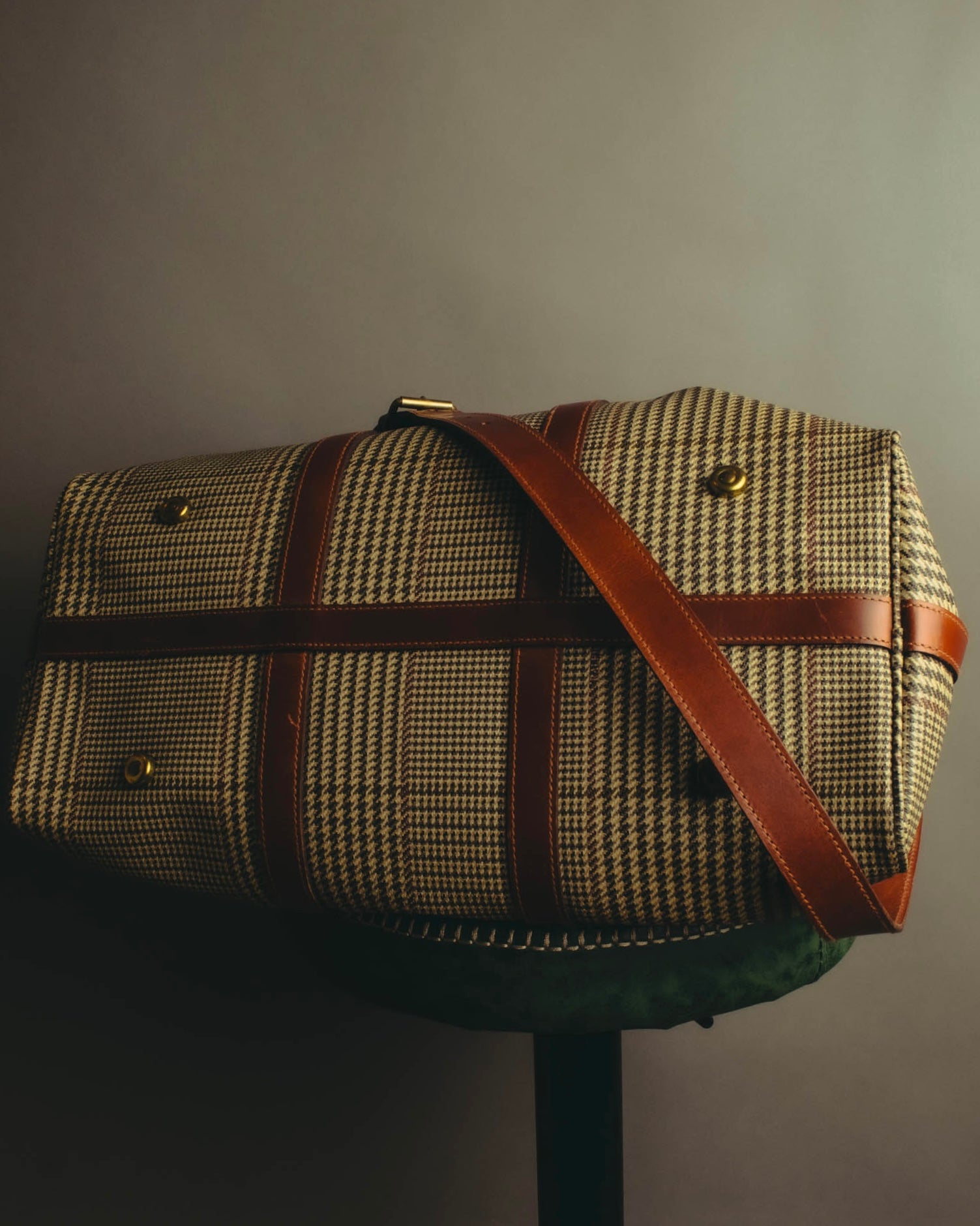 "Polo Ralph Lauren" 80's-90's Houndstooth leather trim travel bag