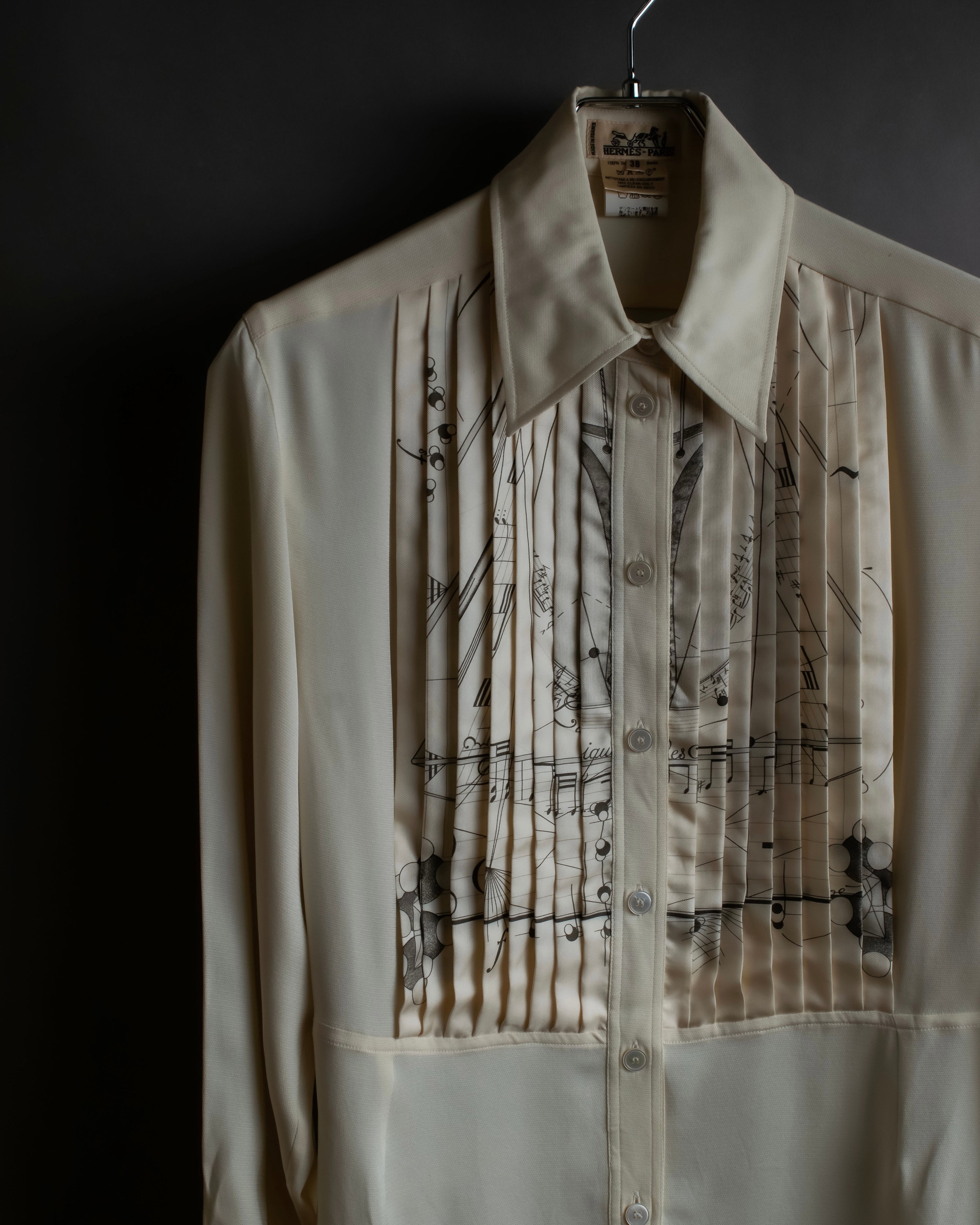 "HERMES" 90's Musical score motif front pleated shirt