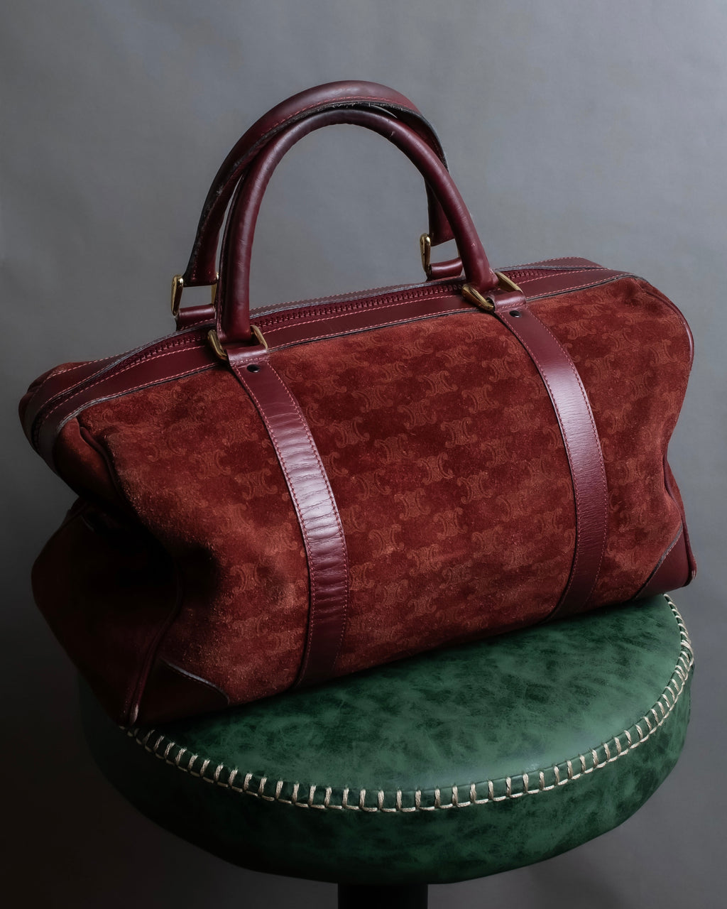 "CELINE" Triomphe motif Bordeaux color suede boston bag