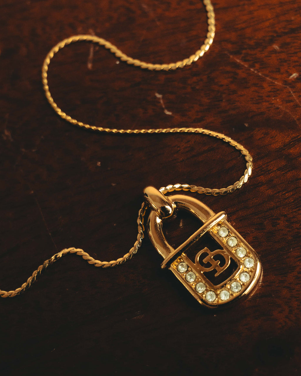 "Christian Dior" 90's Rhinestone padlock pendant necklace