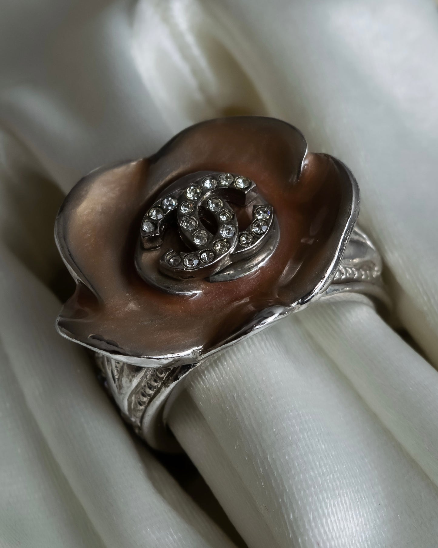 "CHANEL" Camellia motif rhine stone coco mark ring