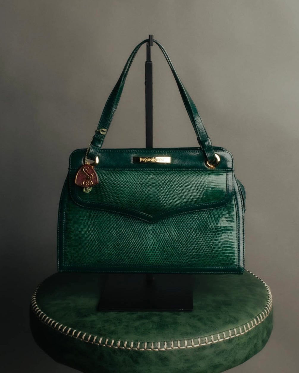 -SPECIAL- "Yves Saint Laurent" 80's-90's Glossy green exotic leather shoulder handbag