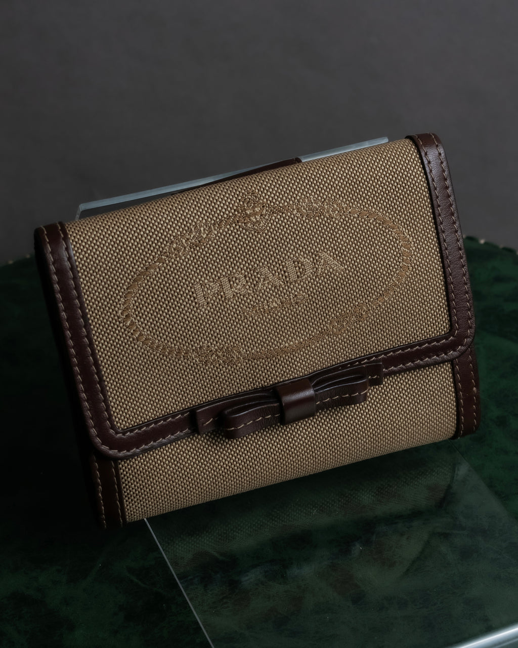"PRADA" Logo engraved canvas＆leather combination short wallet