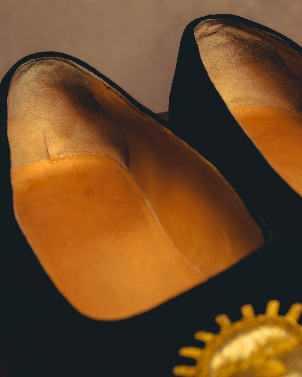 -SPECIAL- "Hermès" 80's-90's Gold embroidered suede loafers