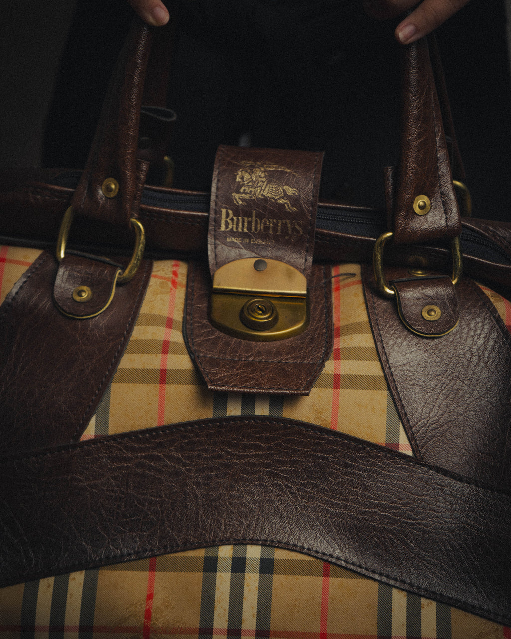 -SPECIAL- "Burberrys" 80's-90's Classic check textured leather boston bag
