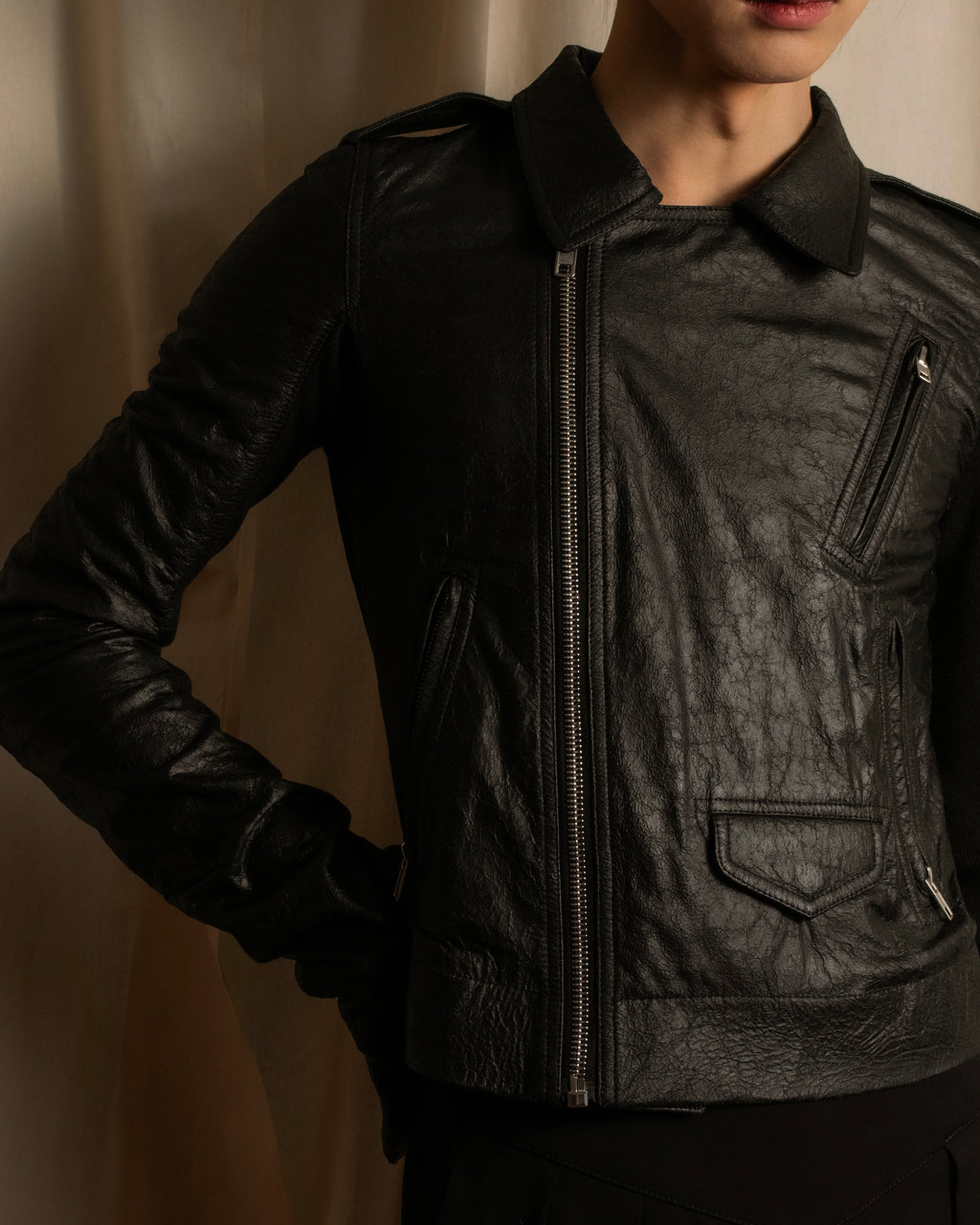 -SPECIAL- "Rick Owens" 15AW Beautiful wrinkles front zip leather jacket