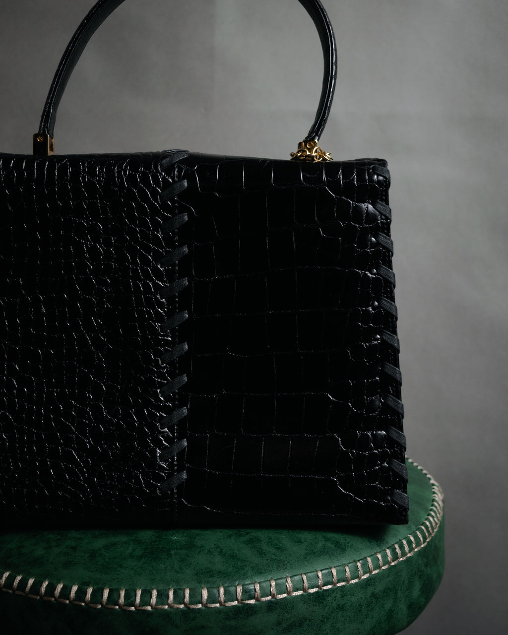 "Yves Saint Laurent" 90’s croc embossed whipstitch trapeze handbag