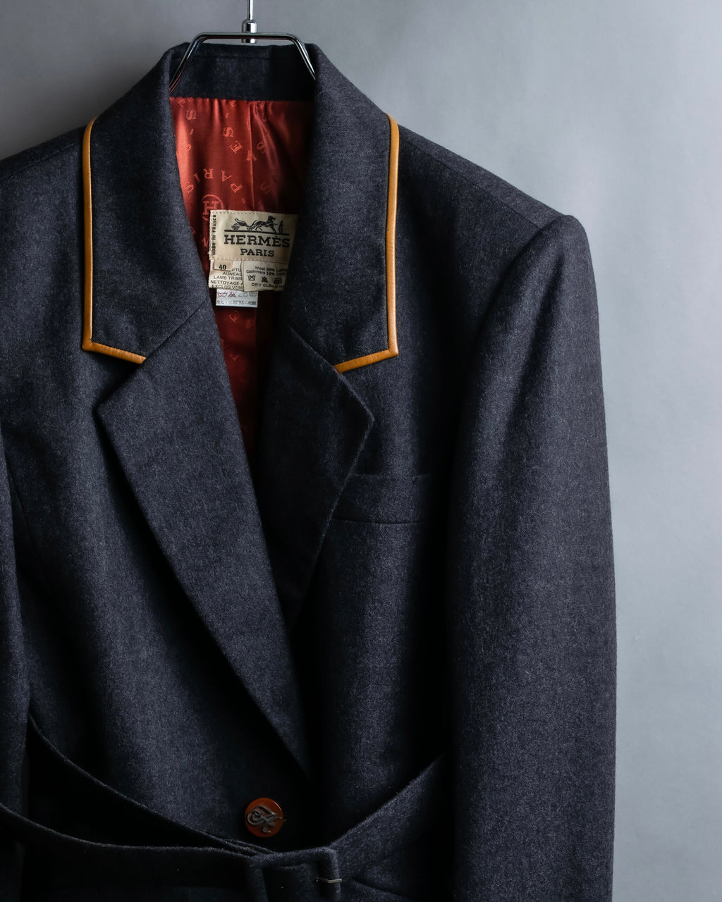 "HERMES" Vintage leather piping design belted tailored jacket