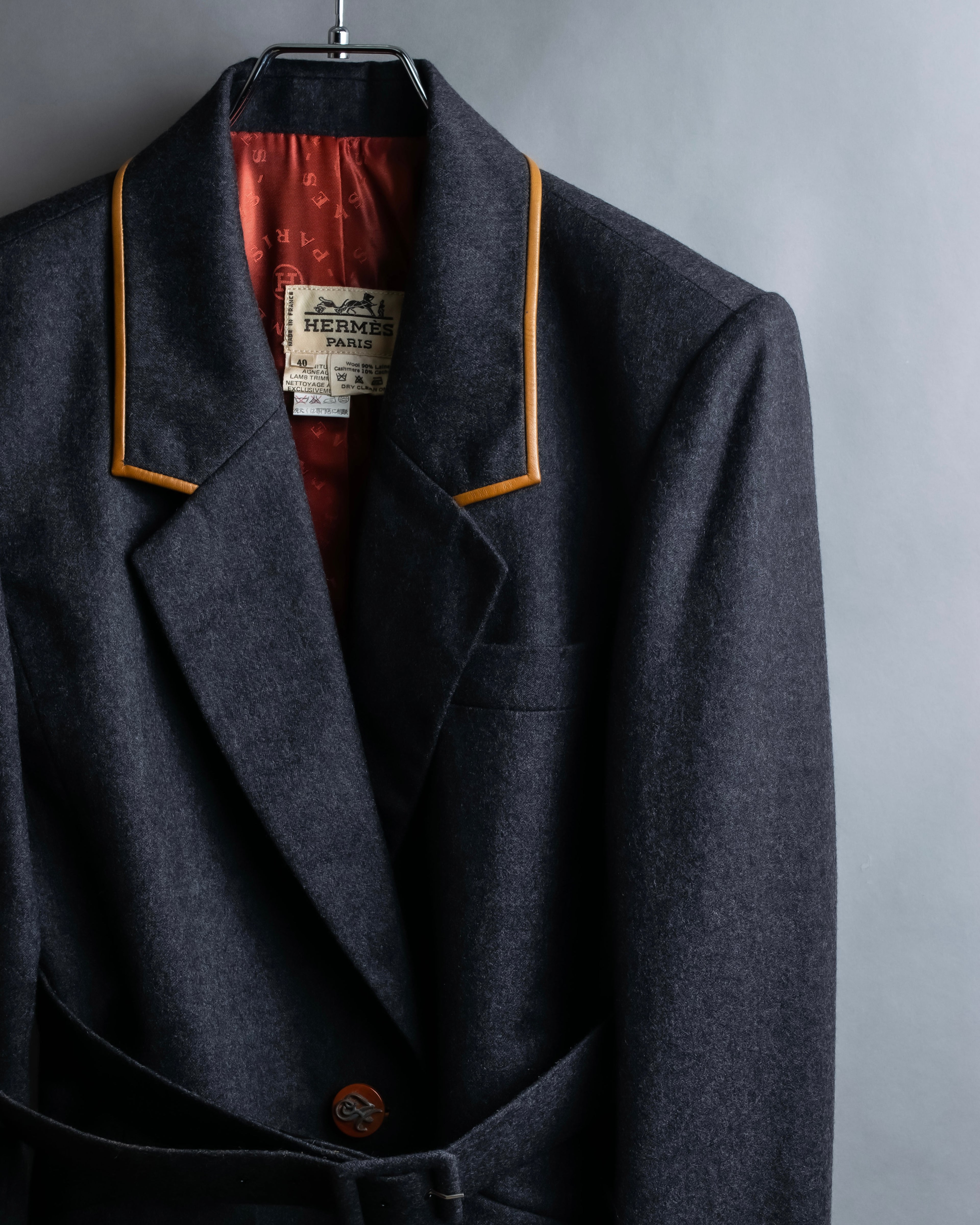 "HERMES" Vintage leather piping design belted tailored jacket