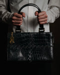 "YVES SAINT LAURENT" 90’s crocodile embossed lace up handbag