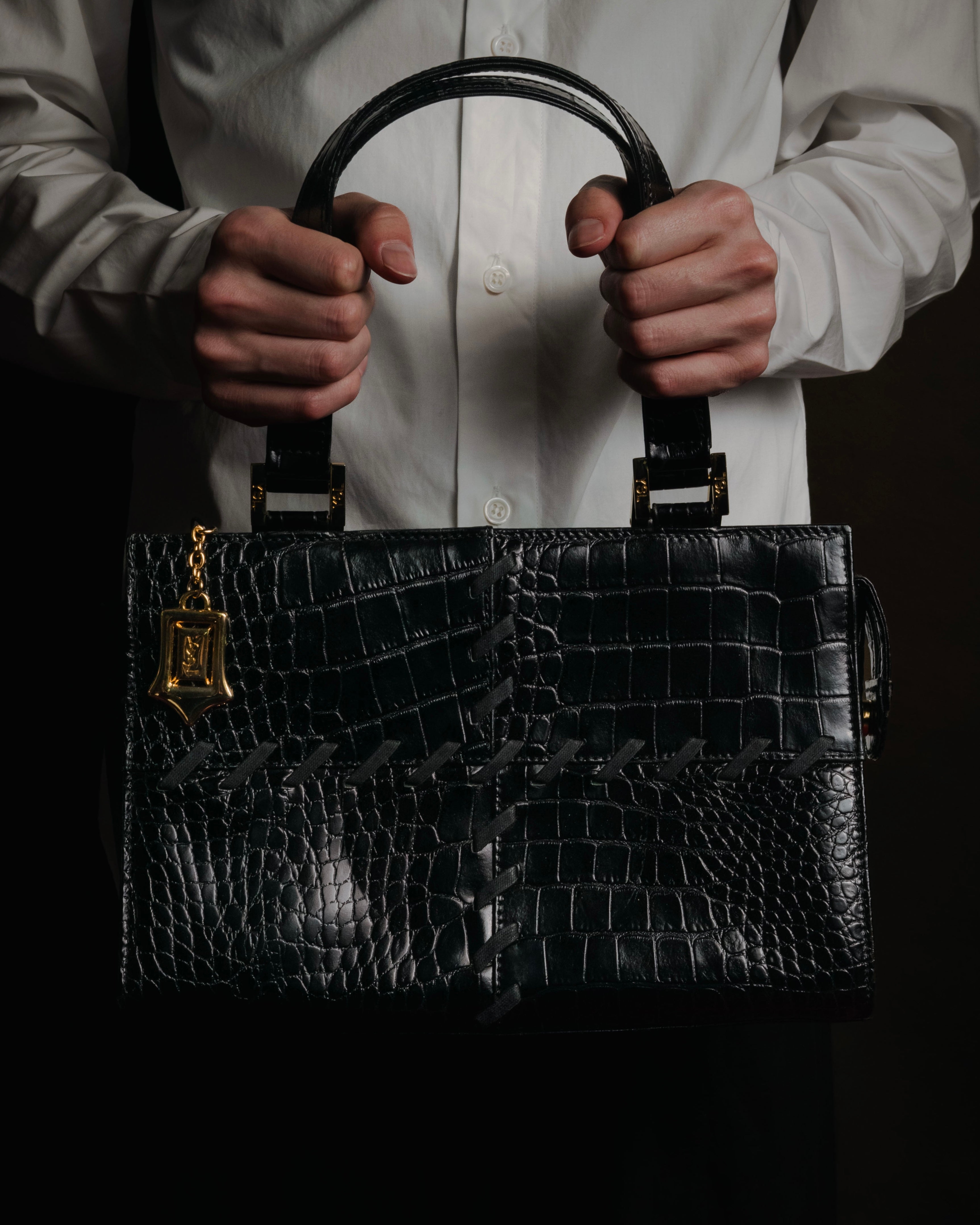 "YVES SAINT LAURENT" 90’s crocodile embossed lace up handbag