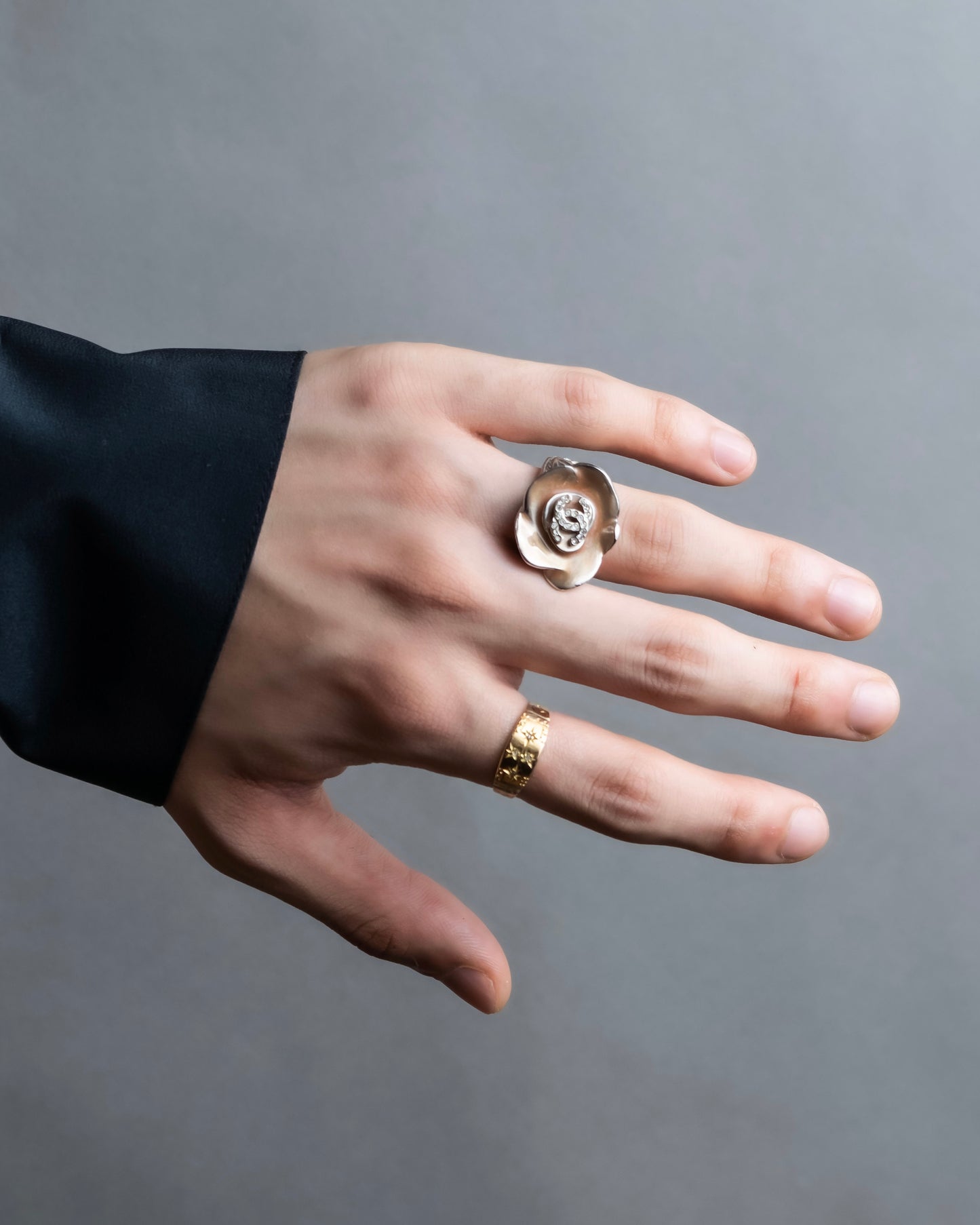 "CHANEL" Camellia motif rhine stone coco mark ring