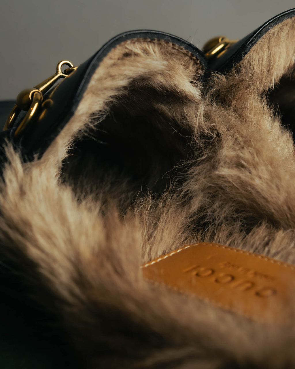 "GUCCI" Fur lined horsebit backless loafer