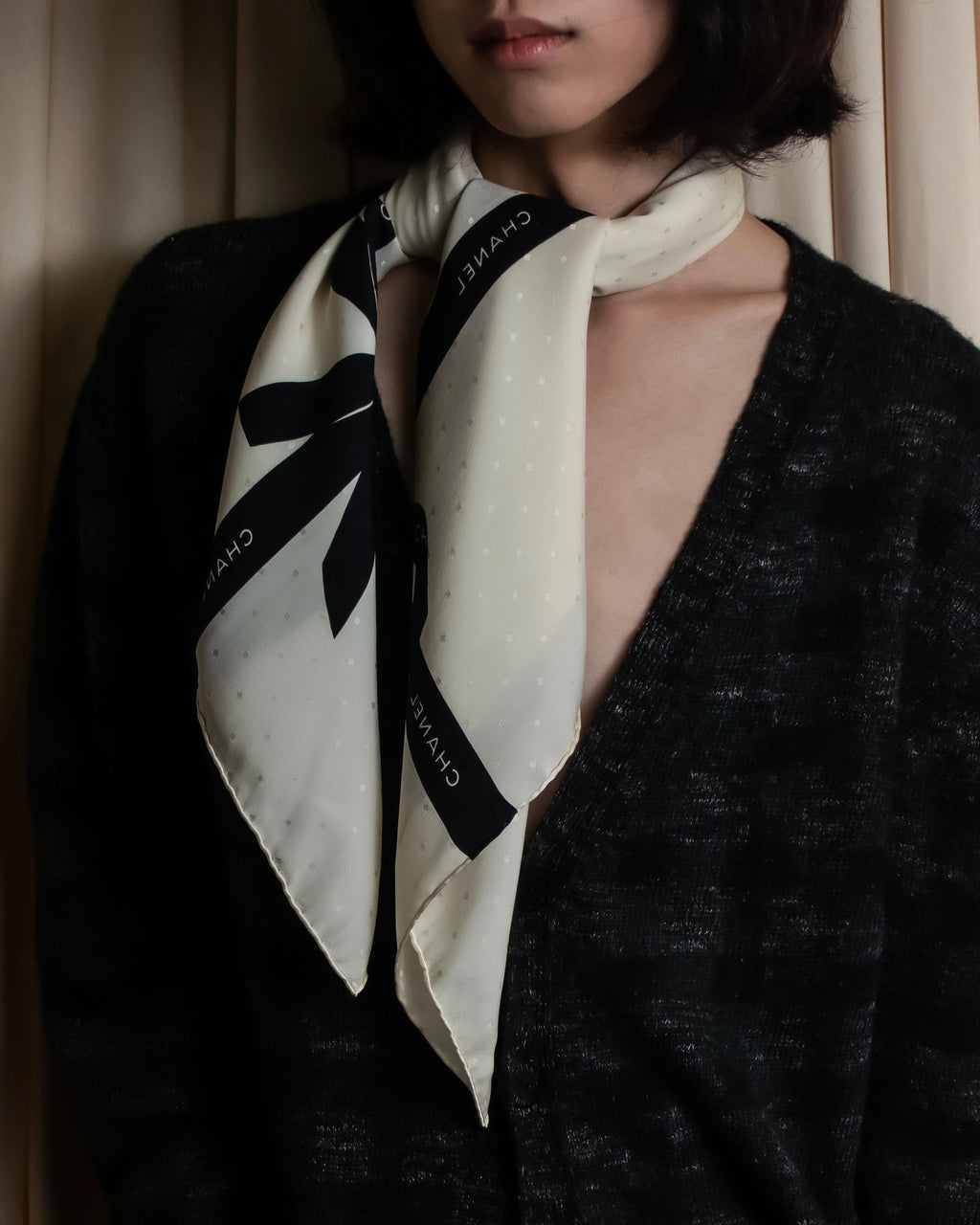 "CHANEL" Logo engraved ribbon motif design large scarf