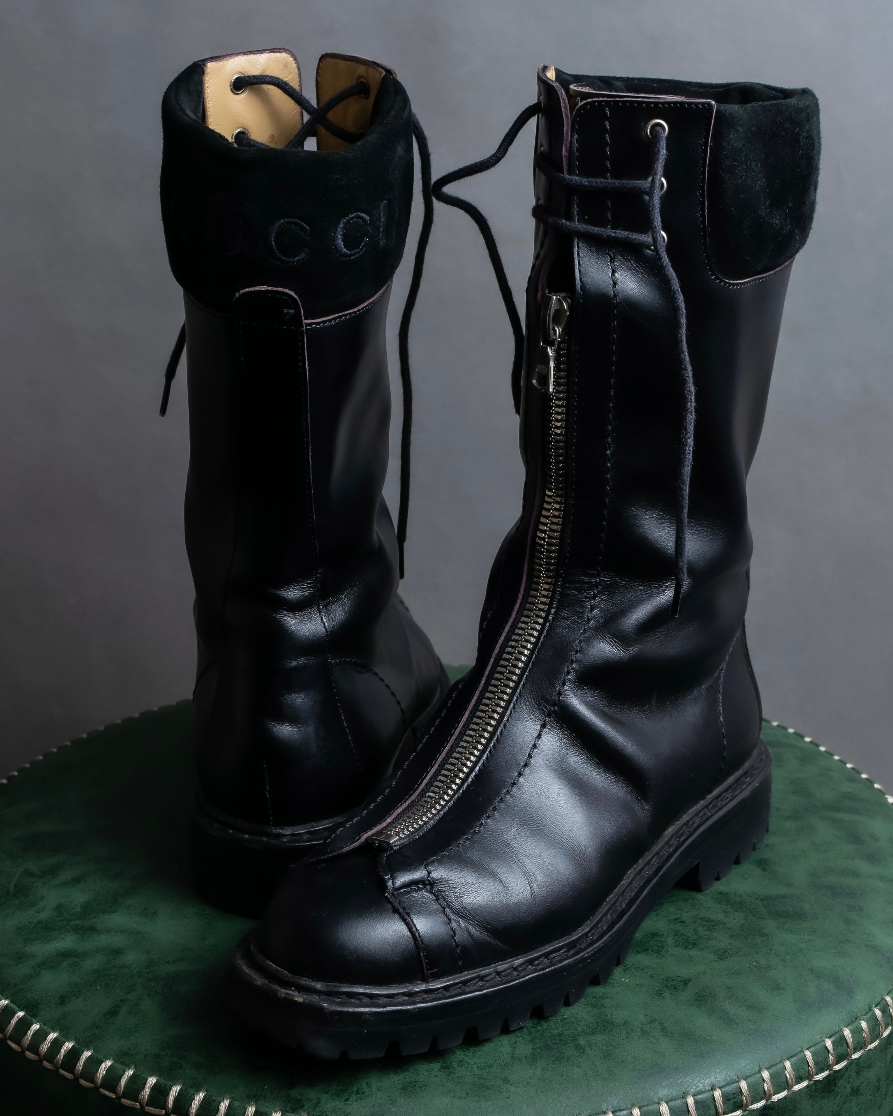 "GUCCI" Front zip design lace-up leather uncle boots