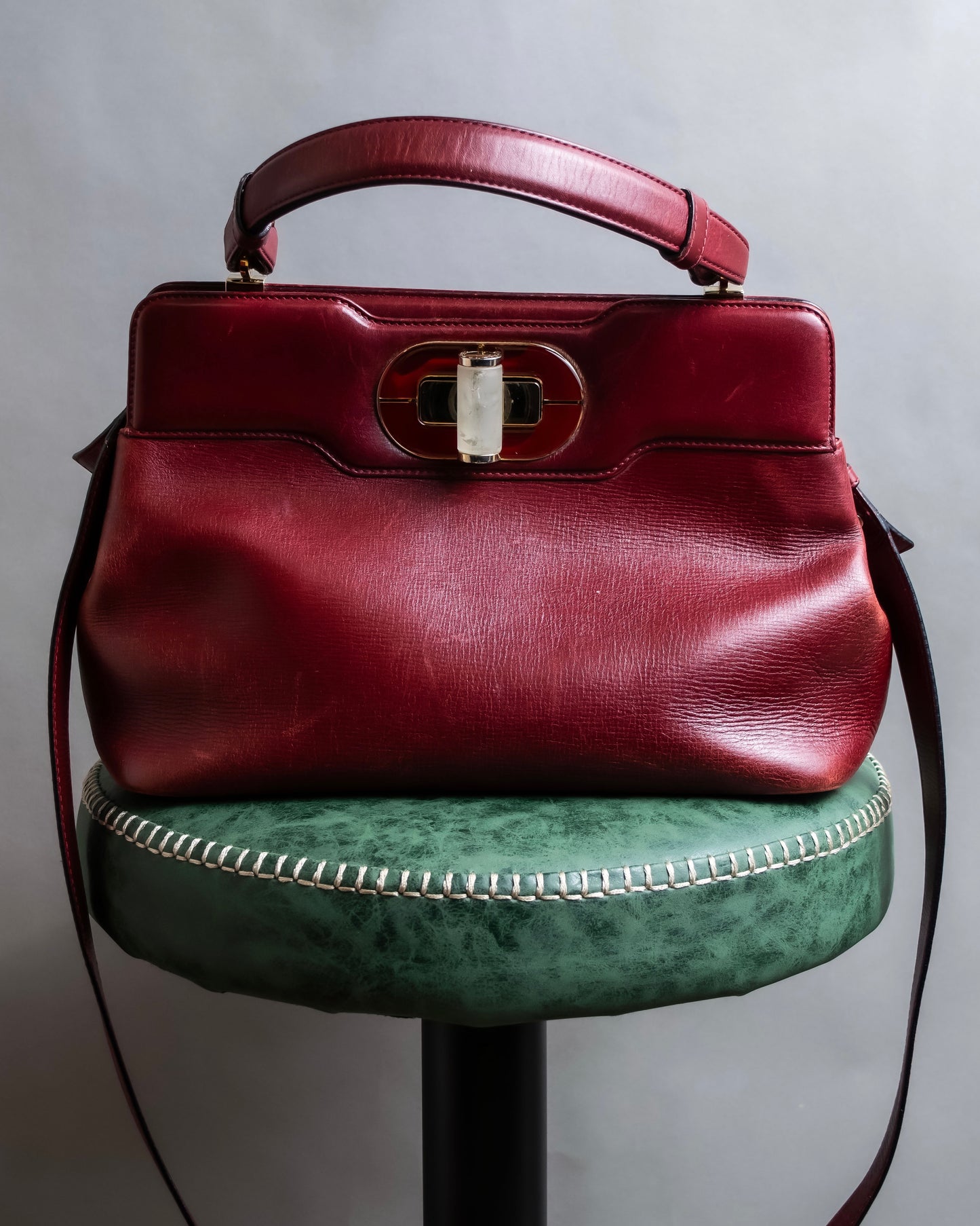 "BVLGARI" Marble motif burgundy color leather shoulder bag