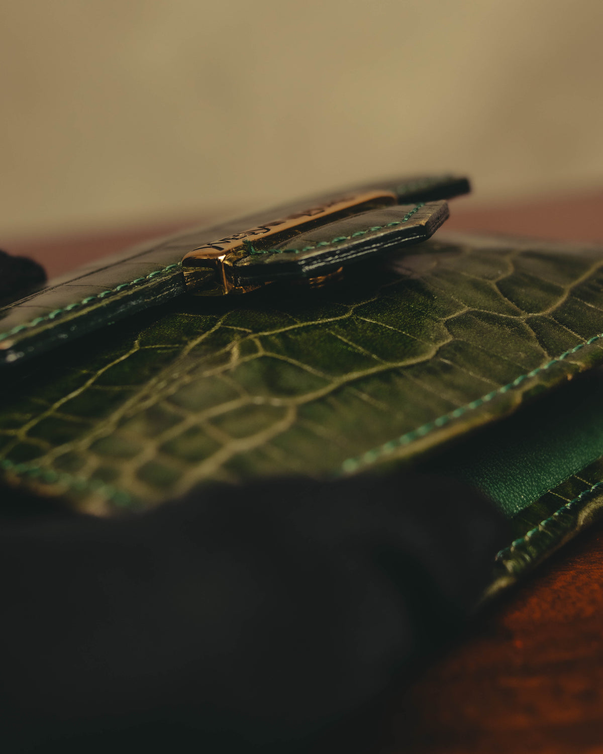 "Yves Saint Laurent" 80's Dark green crocodile compact wallet