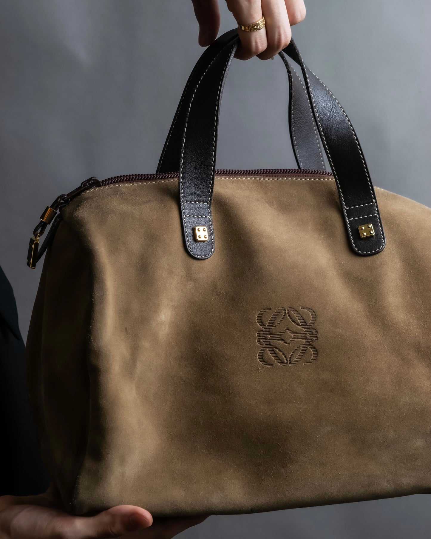 "LOEWE" Logo engraved suede mini boston bag